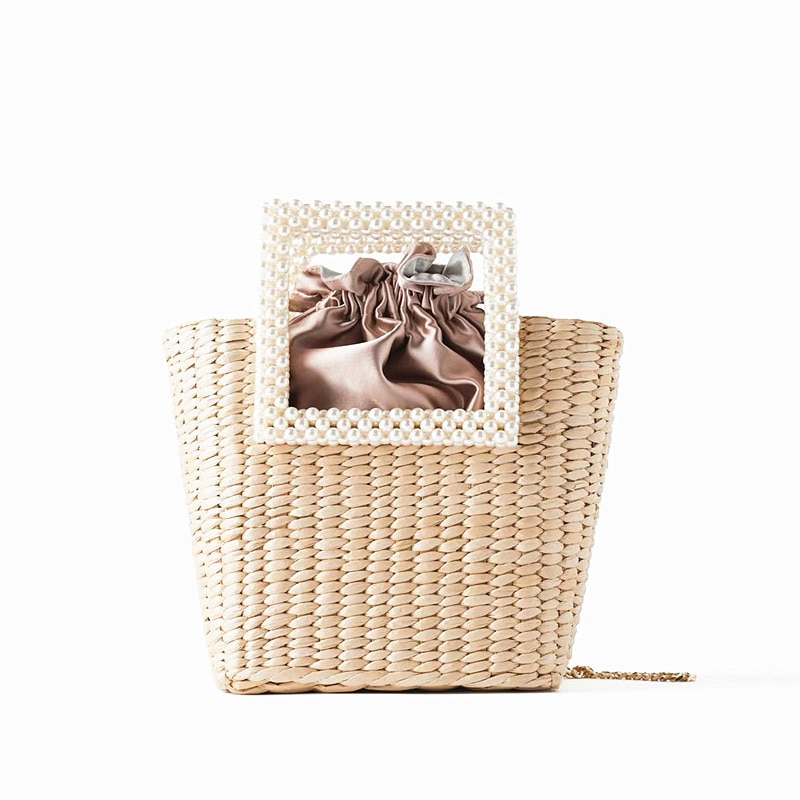 Kvinder perle halm håndtaske vævet tote sommer strand rejse snøre spand boheme perle håndtag tasker  ss3643