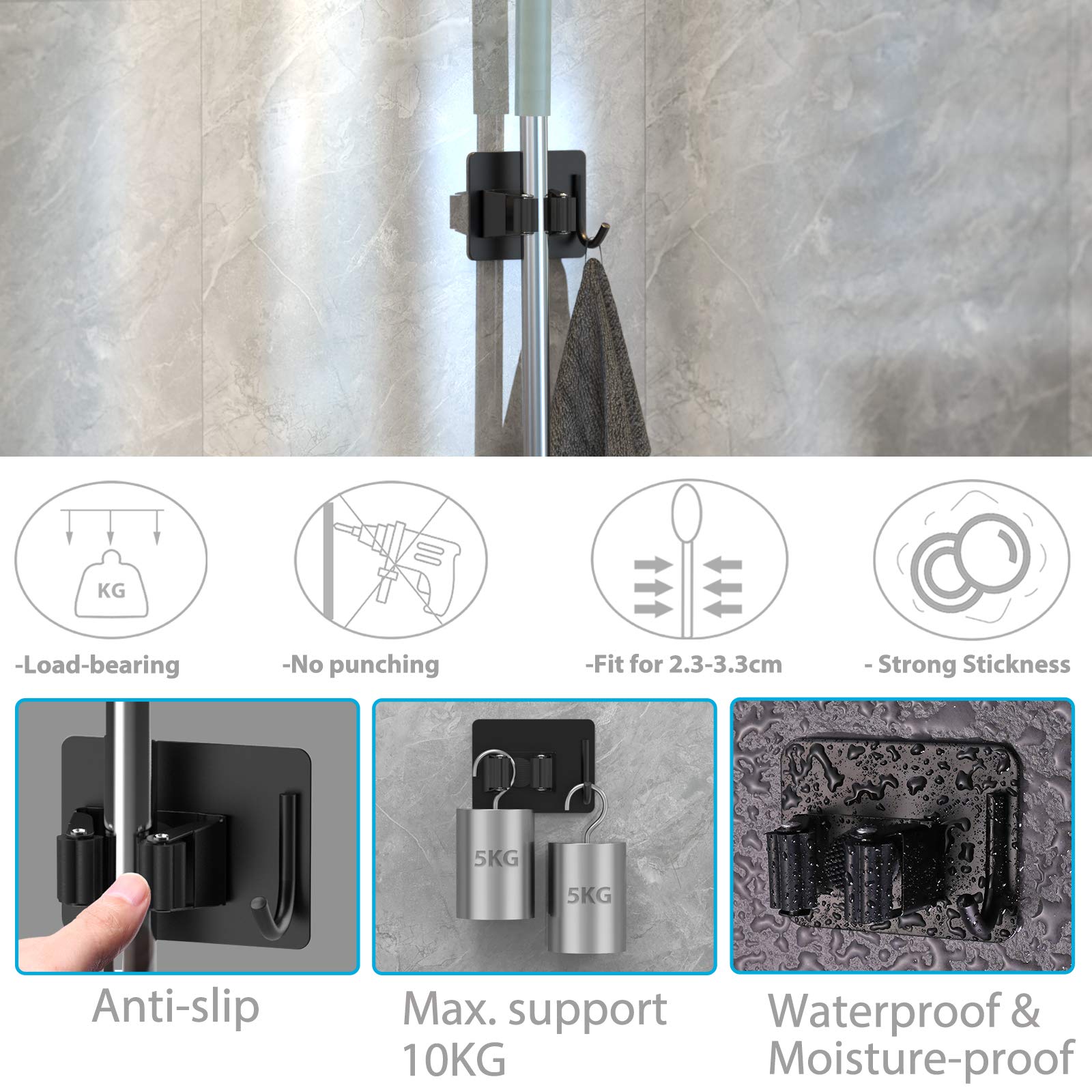 Soporte para fregona de acero inoxidable 304, autoadhesivo montado en la pared, para cocina y baño, colgador de escoba multiusos impermeable, gancho fuerte
