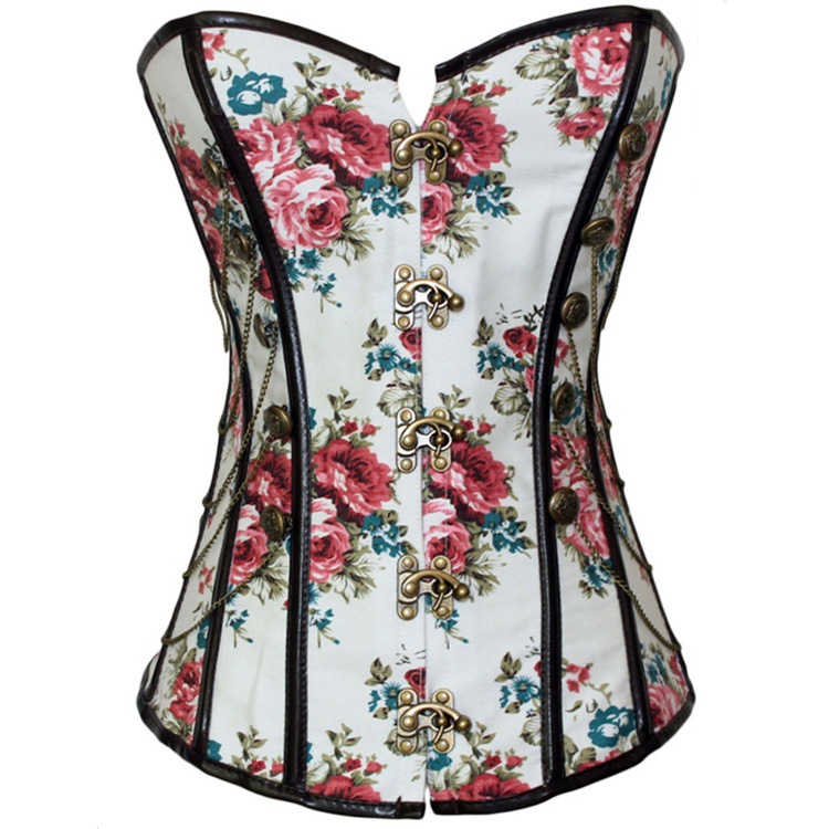 Floral Gothic Women Corset With Chains Slimming Waist Trainer Flower Print Overbust Shapewear Corselet Bustier Lady Shapers: white / XL