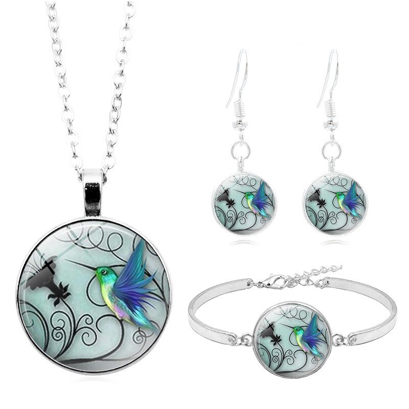 Hummingbird Cabochon Glas Hanger Ketting Armband Oorbellen Sieraden Set Totaal 4 Stuks Voor Vrouwen Mode Trui Keten
