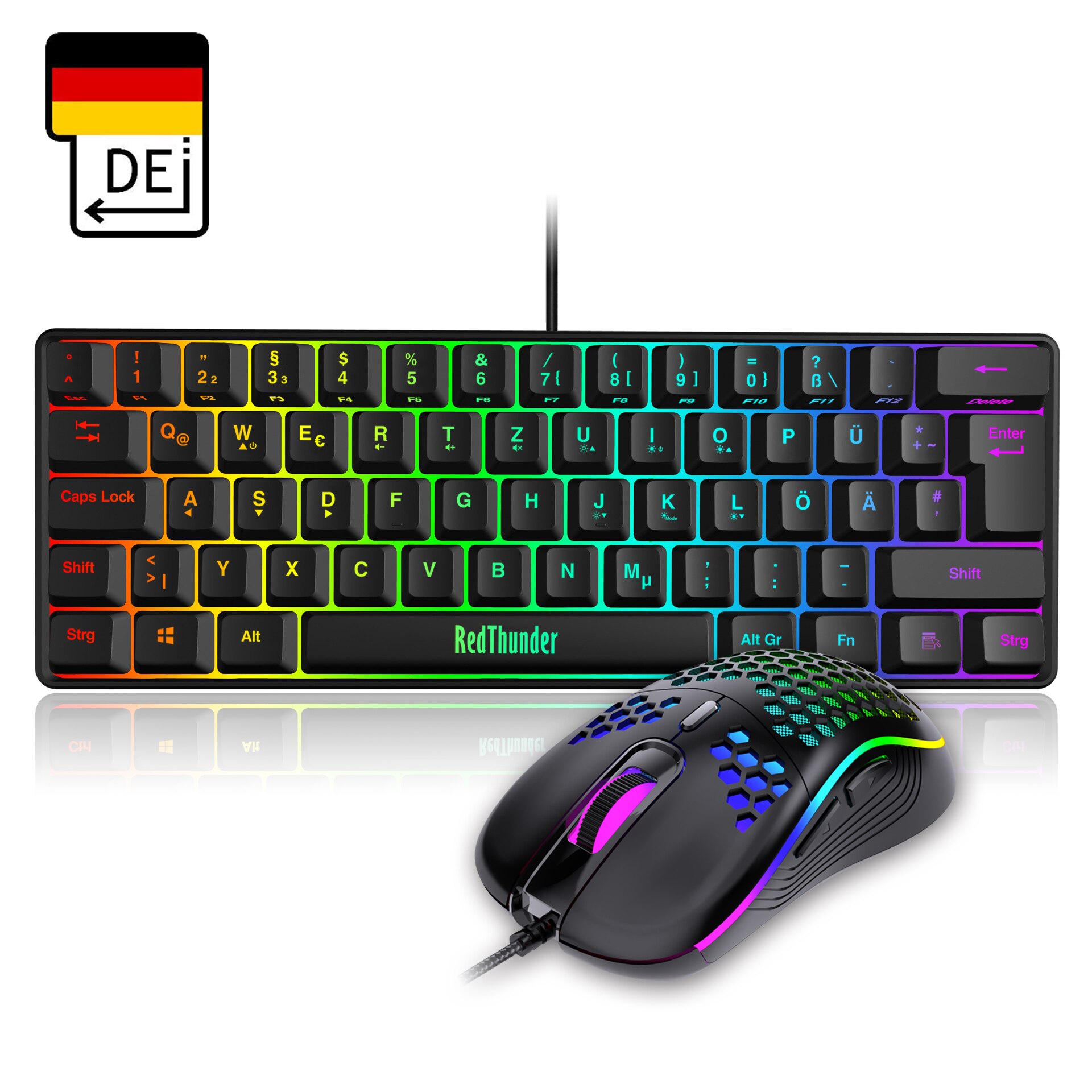 Ensemble clavier et souris de jeu RedThunder 60%, Mini-clavier Ultra-Compact, rétroéclairé rvb, 7200DPI, pour PC et Mac Gamer: DE