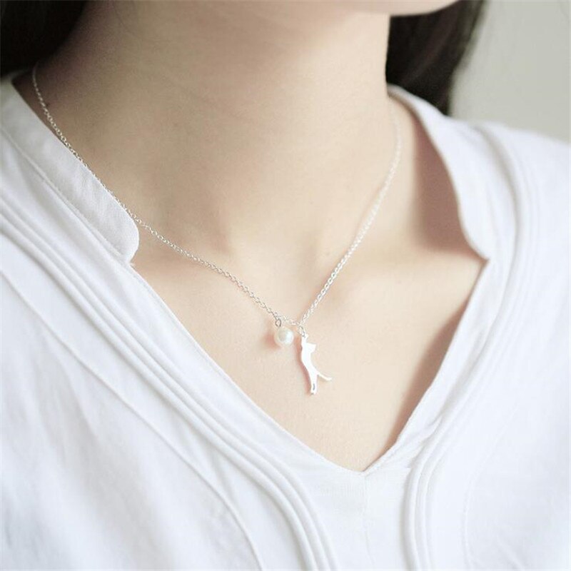 Fahion Cute Kitten Pearl 925 Sterling Silver Jewelry Sweet Cat Animal Temperament Clavicle Chain Necklaces H484