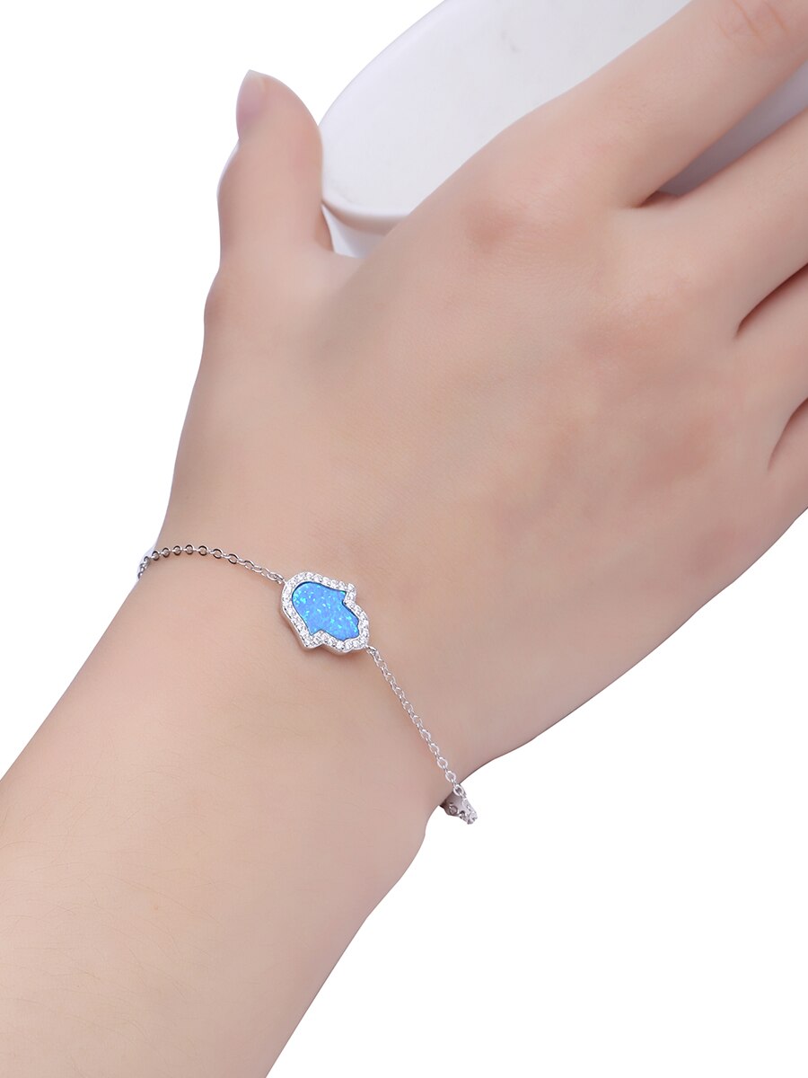925 Sterling Zilveren Blauwe Opaal Hamsa Hand Armband Voor Vrouwen Fatima Ketting Armbanden Vriendschap Lucky Sieraden