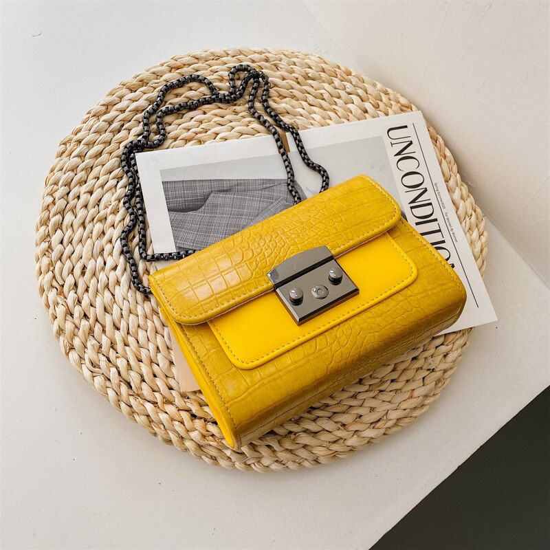 Krokodillenpatroon vierkante crossbody tas zomer pu leren dames handtas ketting schoudertas messenger bag: 19 cm geel
