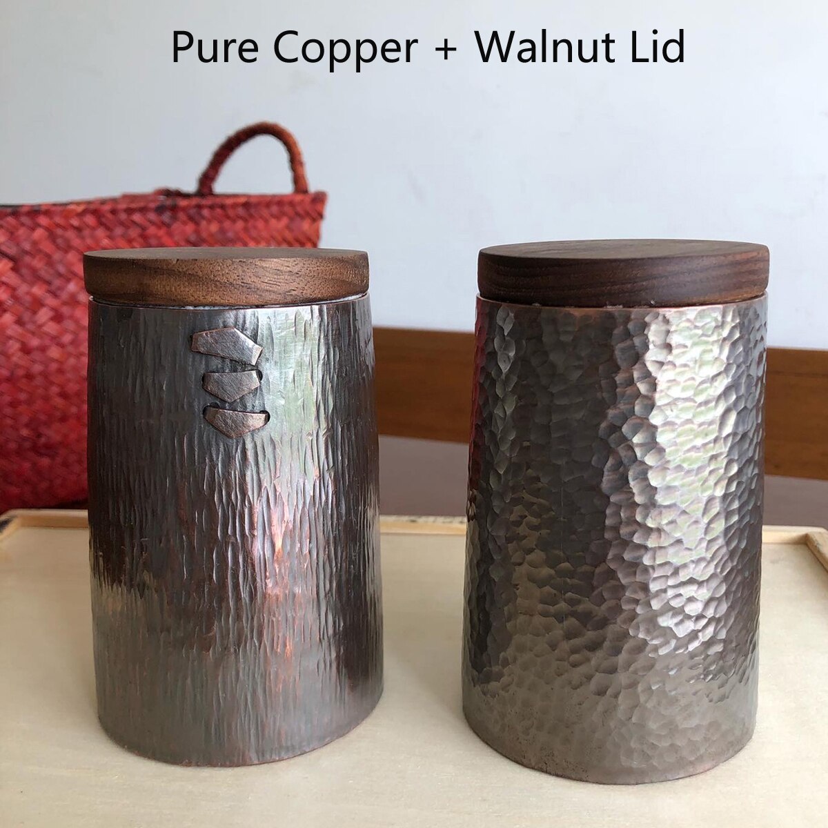 Pure Copper Jar Sealed Container Tea Coffee Handcrafted Hammered Storage Bin Walnut Lid Canister