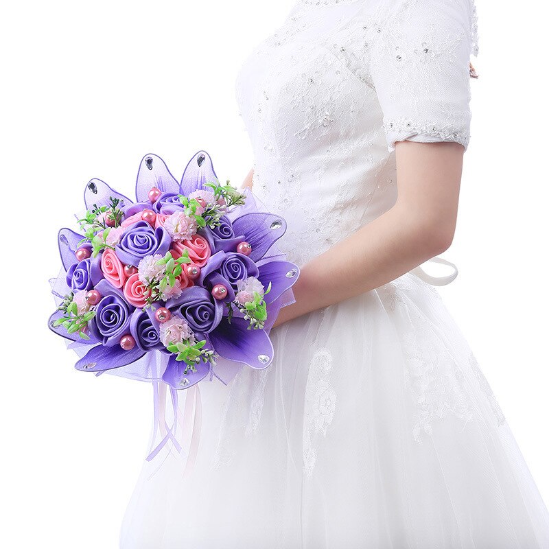 Roze Paars Boeket Mariage Rouge Wedding Boeket Matrimonio Zijde Kunstmatige Rozen Bruid Bruidsboeket Met Parels: purple
