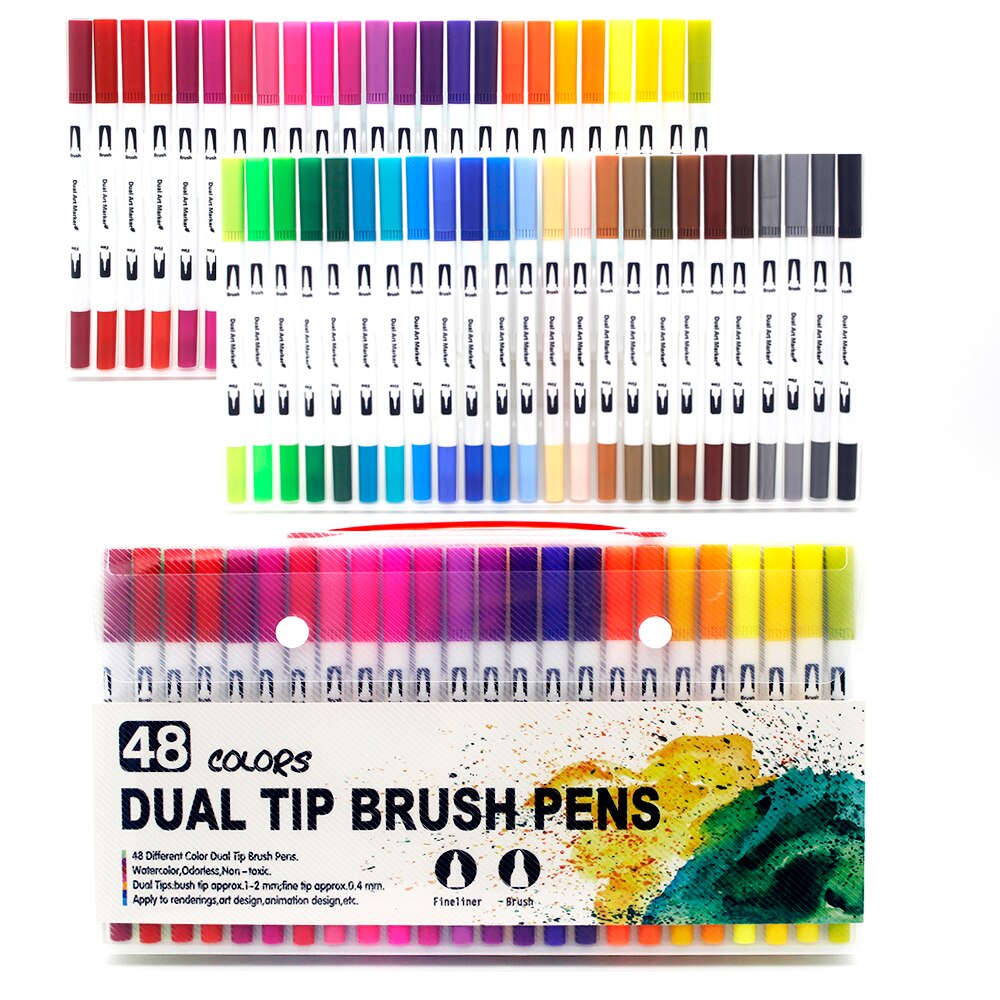 Tuscher sæt 36/48/72/120 farver fineliner dobbelt spids pensel pen tegning maleri akvarel kunst tusch penne til manga kunst forsyninger: W -48 farve