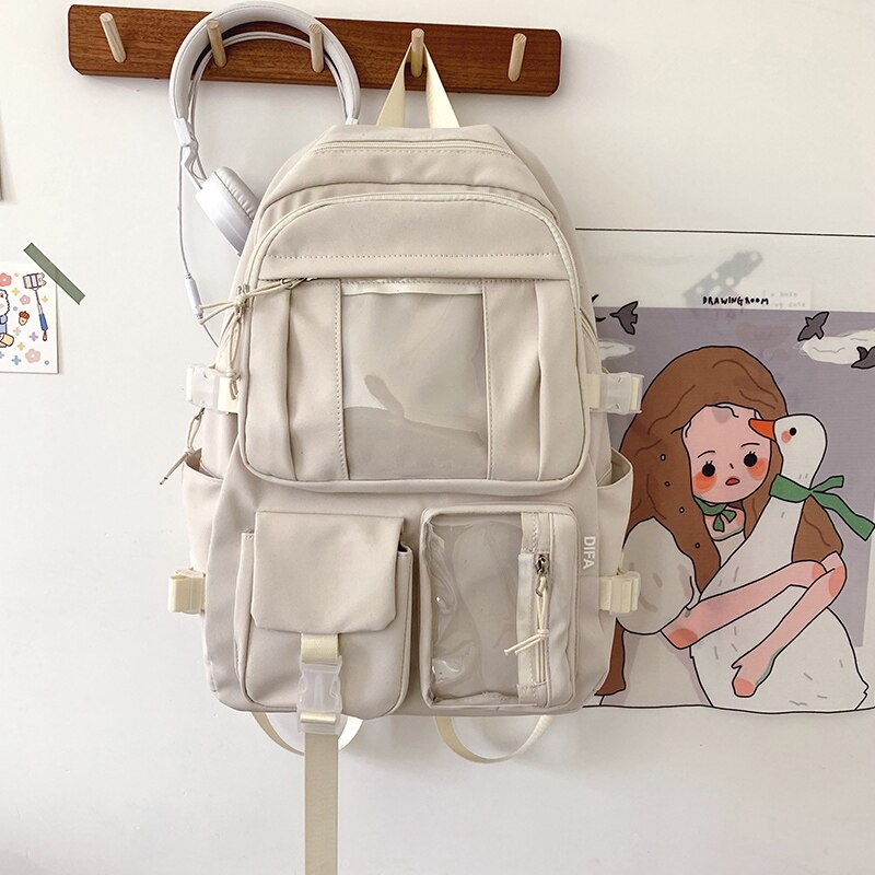 DIFA-mochila impermeable de nailon para mujer, bolso de viaje multibolsillos para mujer, mochila escolar para ordenador portátil de bolsillo transparente: beige / only backpack