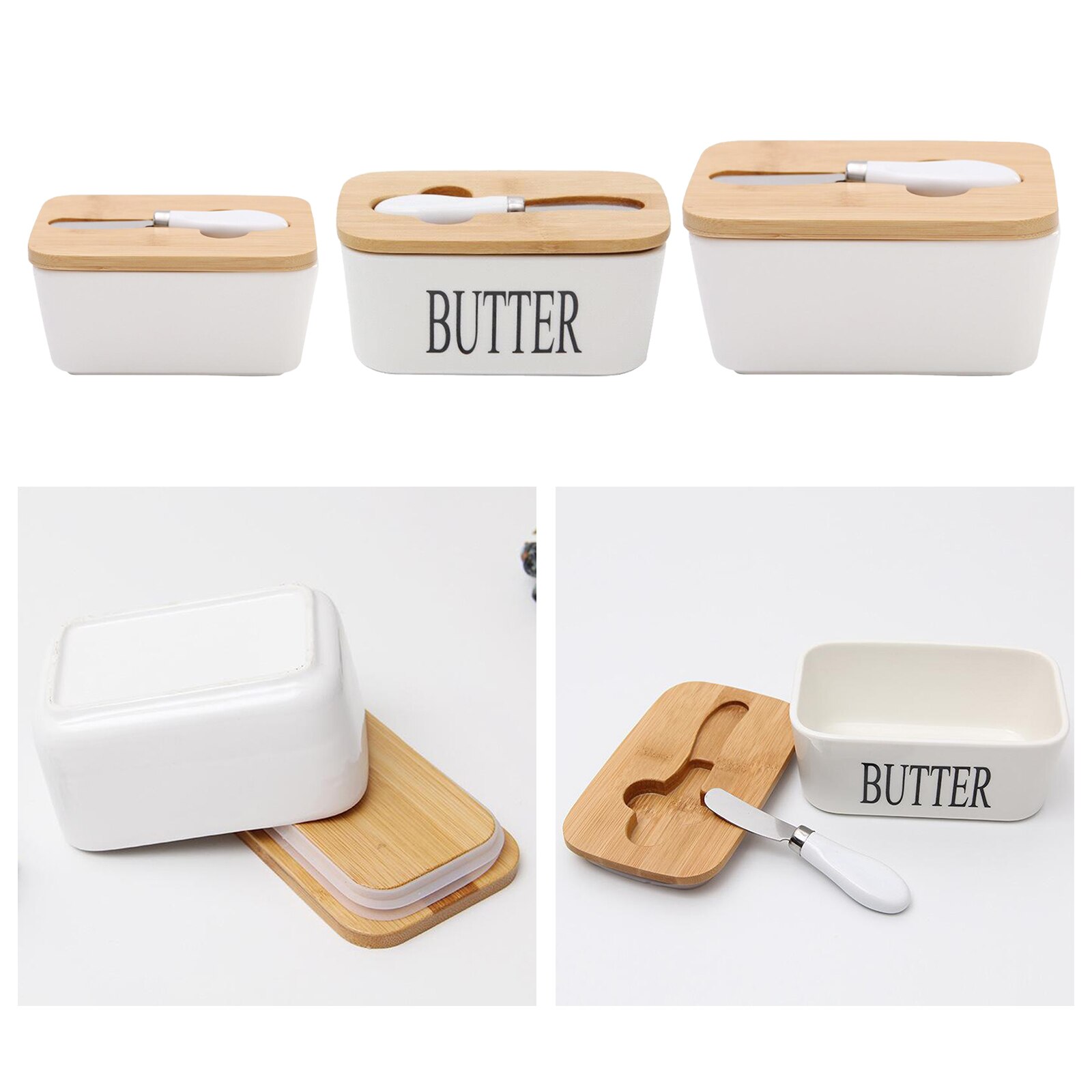 Butter Dish Ceramic Butter Container Keeper with Wooden Lid and Steel Knife, Eay to Clean, 2 Sizes Available to Choose