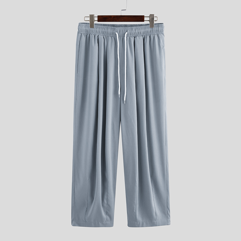 Men Wide Leg Pants 2022 Drawstring Joggers Plain Pockets High Street Casual Trousers Men Baggy Harem Pants INCERUN S-5XL: S / Blue Pants