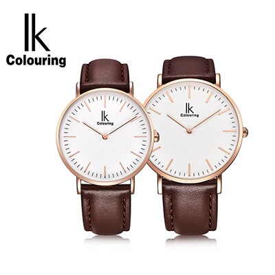 IK colouring Couple montre Simple boîtier Ultra mince japon mouvement à Quartz bracelet en cuir montre-bracelet des amoureux