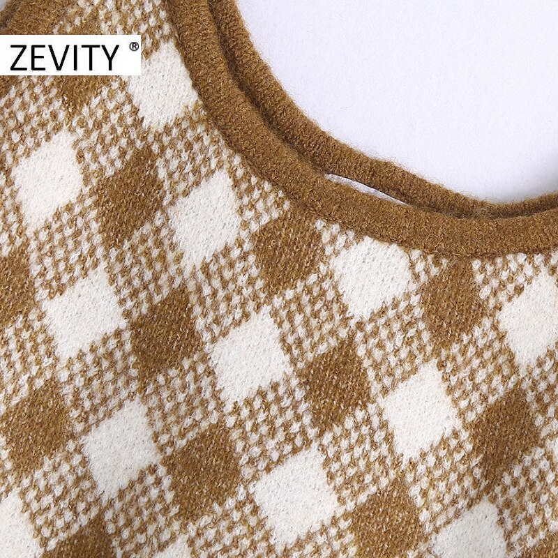 Zevity Vrouwen Vintage Geometrische Print Breien Sling Trui Vrouwelijke Basic Spaghetti Bandje Korte Vest Chic Crop Tops S456