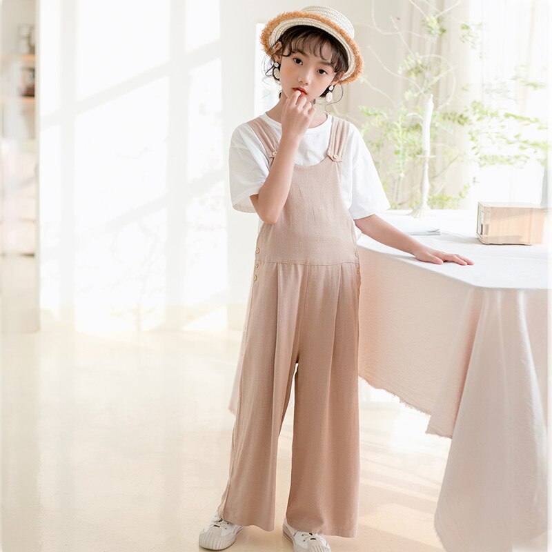 6 Tot 16 Jaar Kids & Tiener Meisjes Zomer Solid Cotton Casual Overall Jumpsuits Kinderen Meisje Mode Wijde Pijpen Overall broek