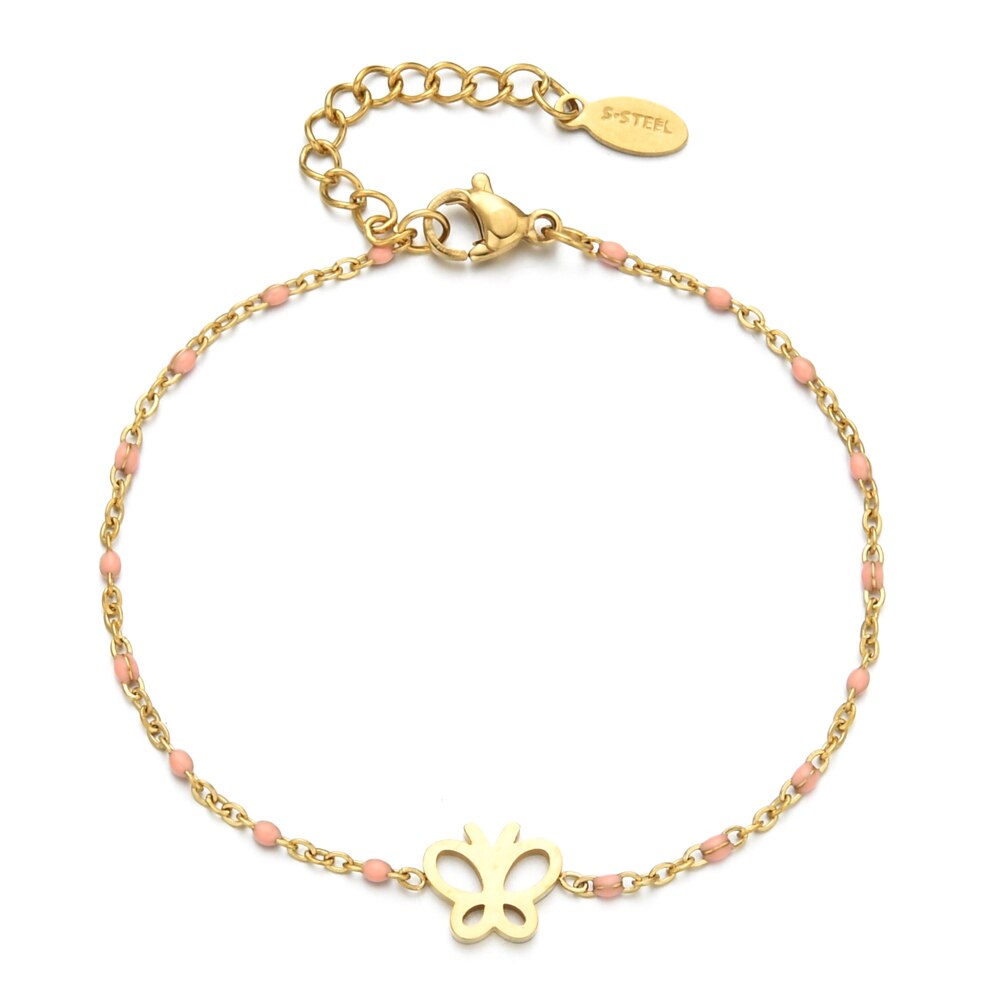 Zmzy eenvoudige ketting, schattige vlinderarmbanden en bangles voor vrouwen, roestvrijstalen trouwsieraden, pulseira: Roze