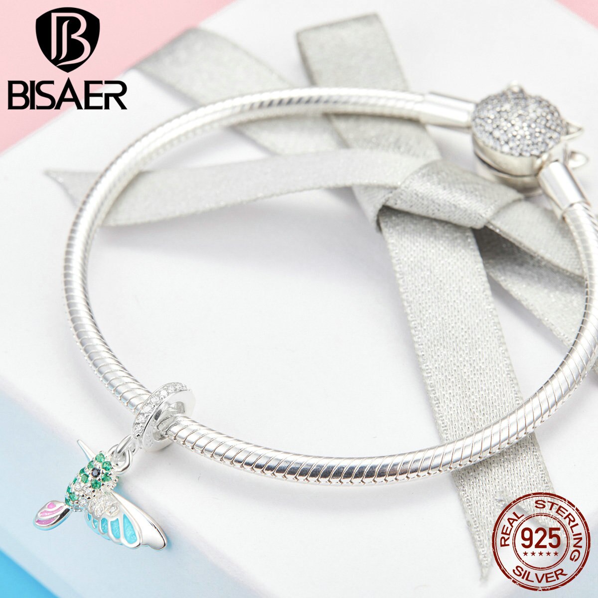 BISAER 925 Sterling Silber Kolibri Vogel Farbe CZ Charms Tier Perlen fit Armband Perlen für Silber 925 Schmuck, Der ECC991