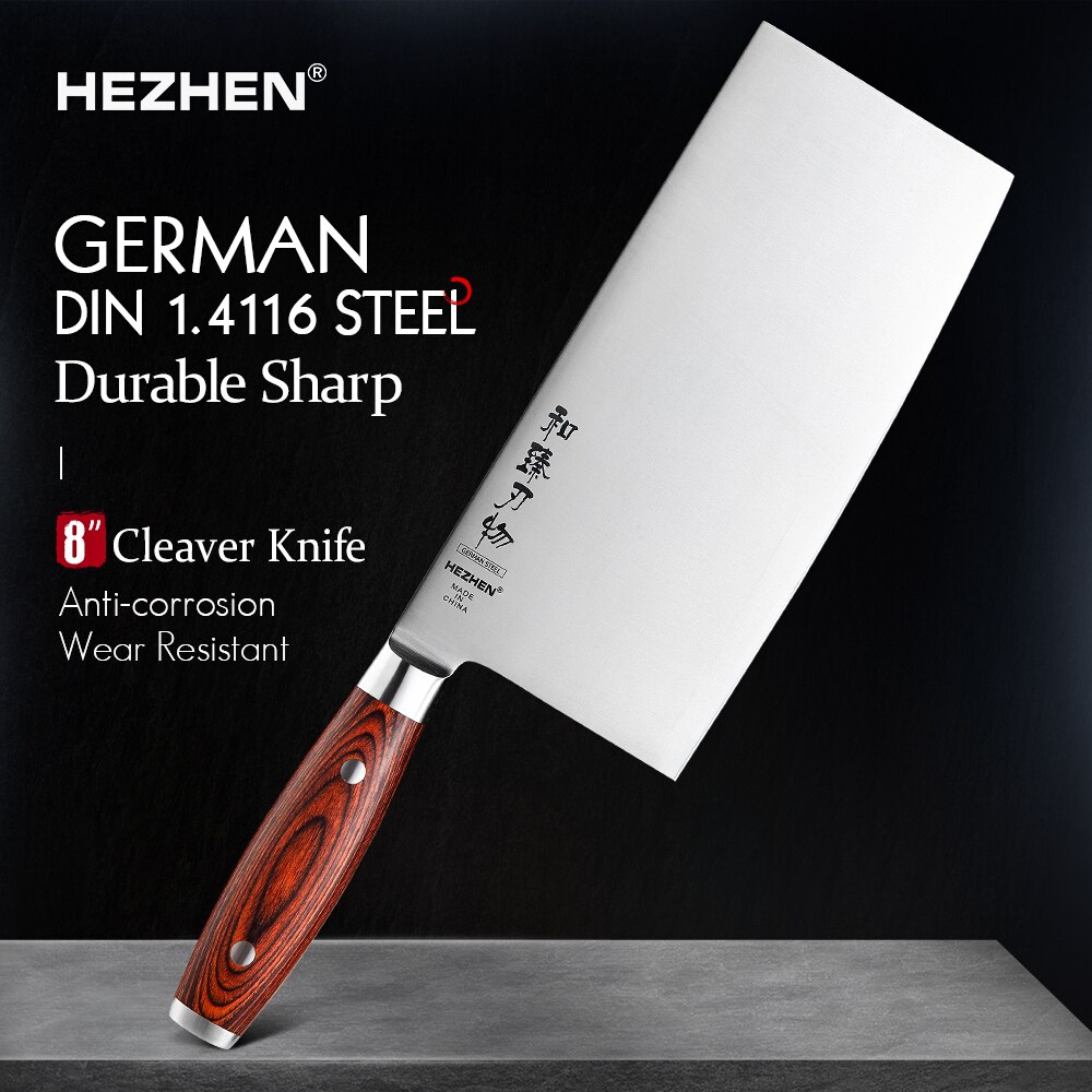 Hezhen 8 Inch Cleaver Slice Mes Duitse Molybdeen Vanadium Staal Met Pakka Houten Handvat & Rvs Klinknagel Kok Mes
