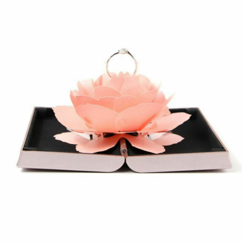 3d pop-up rozen ringdoosjes, opvouwbaar, draaibaar rozen ringdoosje, verjaardag, valentijnsdag, bruiloft, verloving, sieraden display dozen: Roze doos roze roos