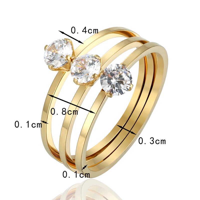 Smukke skinnende tre fusionerede krystal vielsesringe rustfrit stål guld smykker ring til kvinder elsker anillo