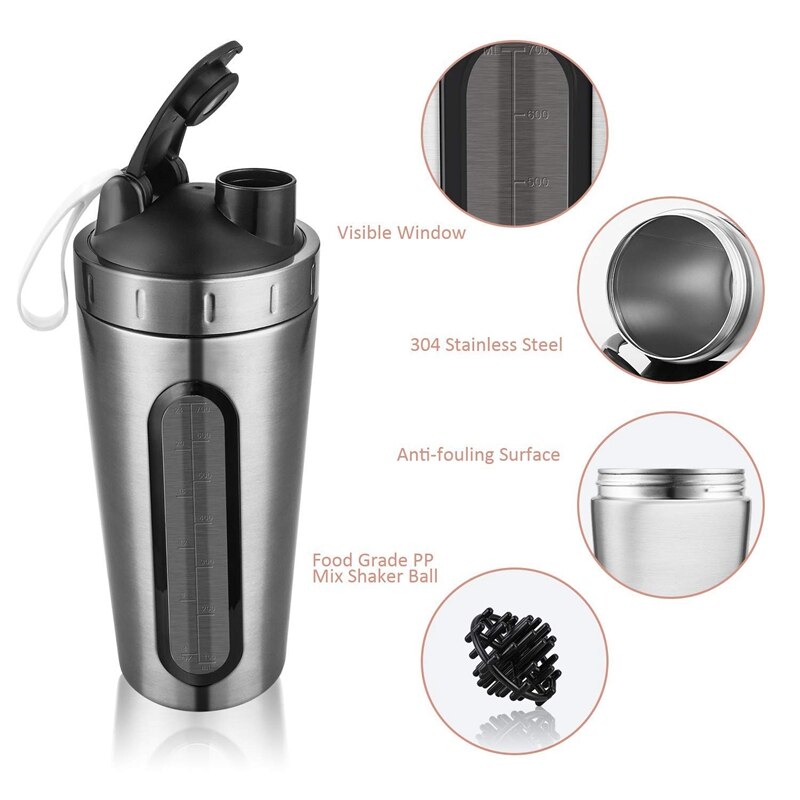 Protein Shaker Bottle, Stainless Steel Sports Water Bottle Shaker Cup, Leak Proof, BPA Free