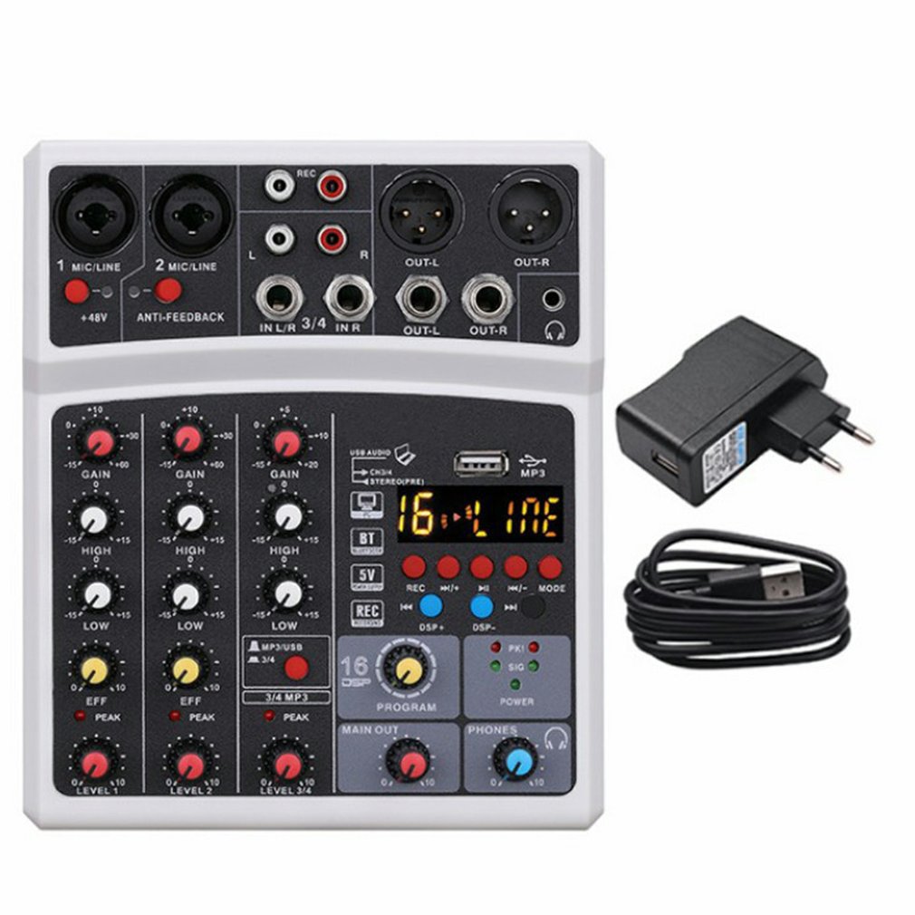 Protable Mini Mixer Audio DJ Console 4-channel with Sound Card, USB, 48V Phantom Power for PC Recording Singing Webcast Party