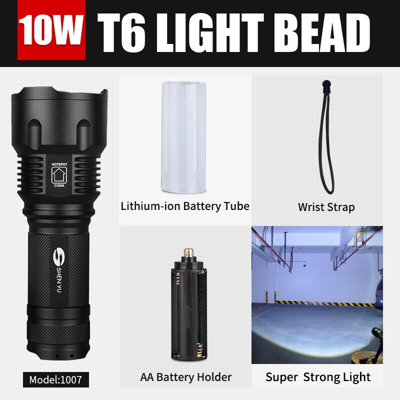 SHENYU LED Flashlight 18650 26650 Torch Waterproof Flashlight Cree XML t6 1000 lumen Zoomable Light: 1007 T6 10w Super