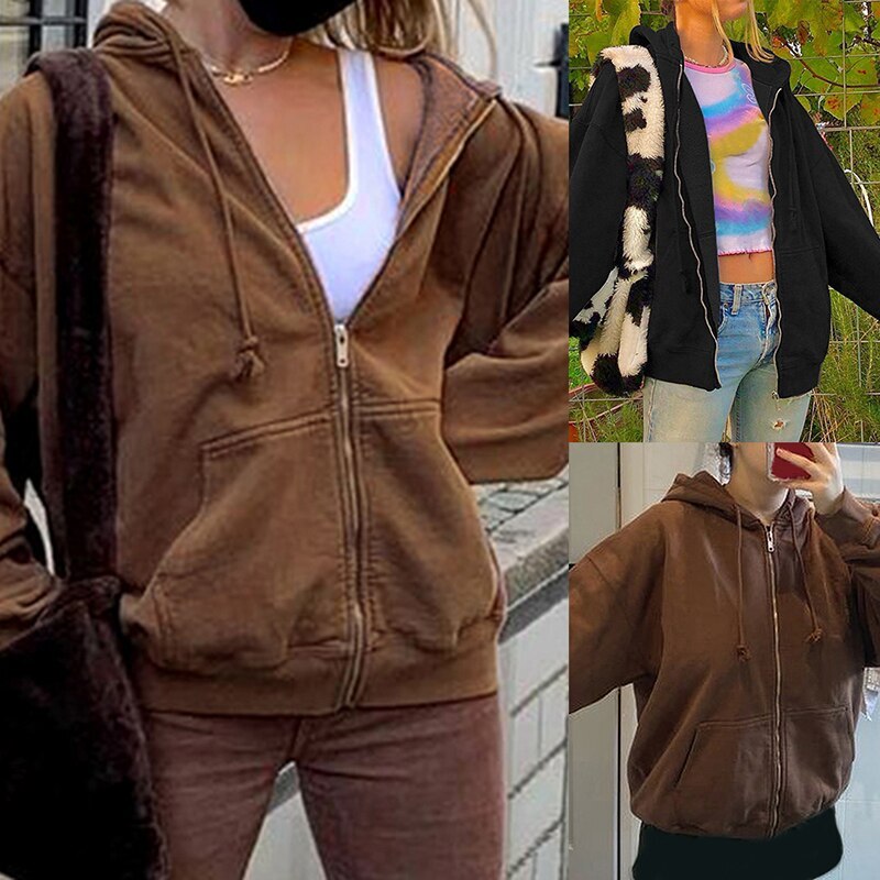 KANCOOL Brown Aesthetic Hoodies Women Vintage Zip Up Sweatshirt Winter Jacket Clothes Pockets Long Sleeve Hooded Pullovers