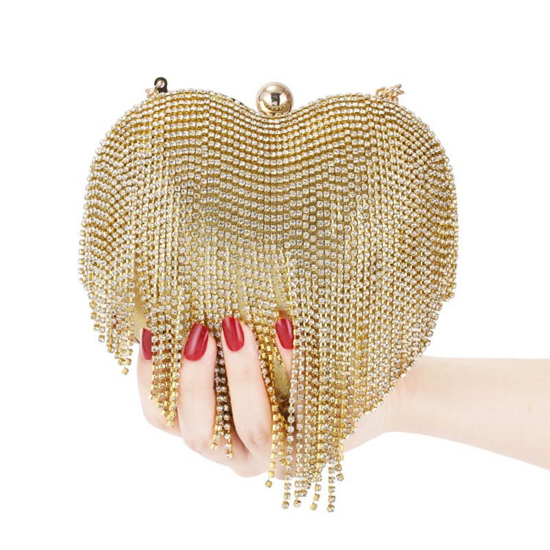 Luxury Diamond Evening Clutch Bags For Women Silver Diamond Tassels Clutch Bag Ladies Handmade Heart Bag Wedding Shiny Bag