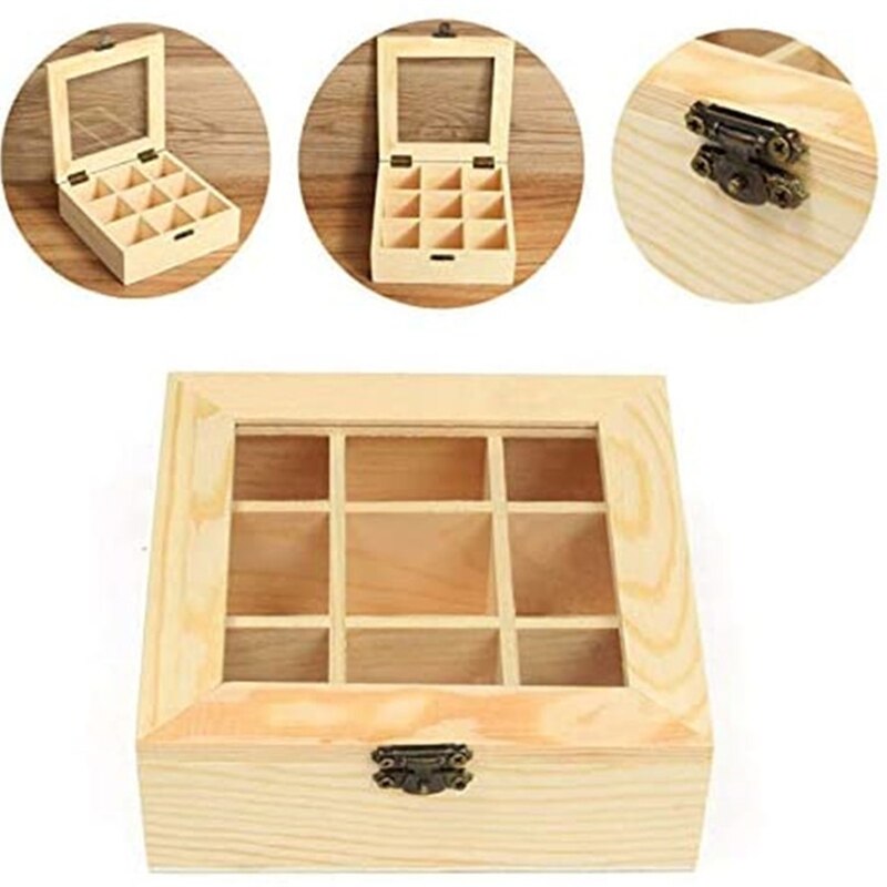 Wood Tea Bag Storage Chest, Multipurpose Organization Display Box with Clear Lid