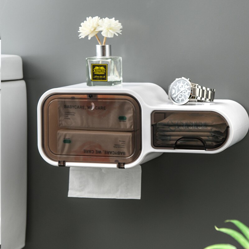 Bathroom Toilet Paper Holder Paper Tissue Box Plastic Toilet Dispenser Wall Mounted Roll Paper Storage Box Free Punching: 2PCS