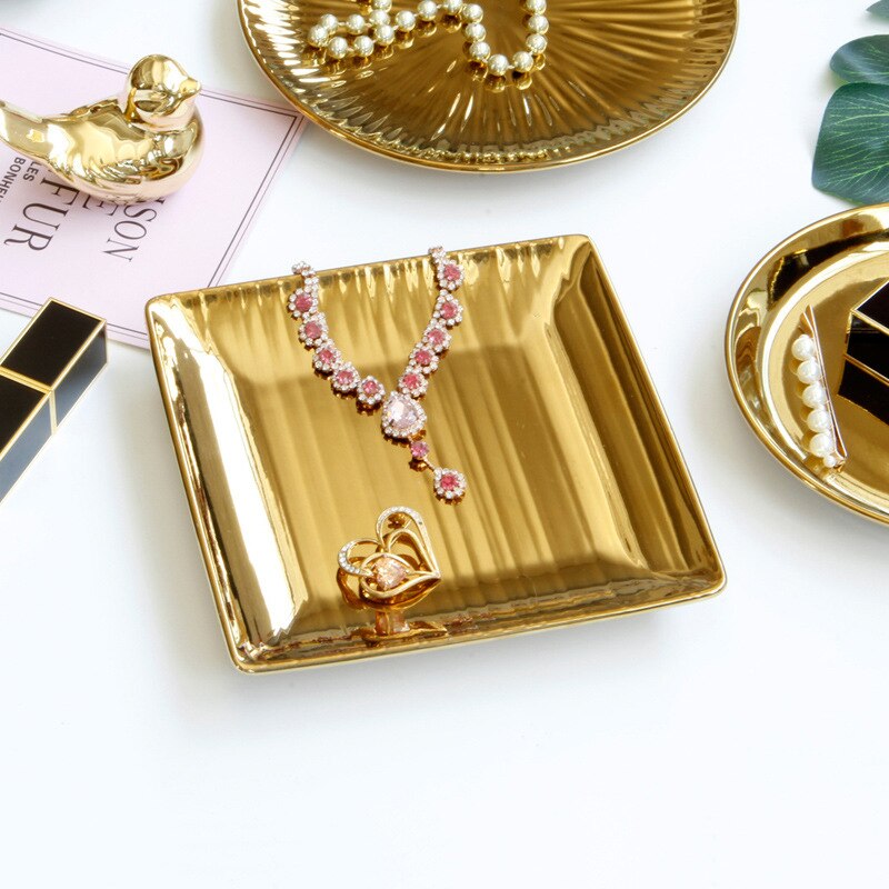 European luxury gold ceramic jewelry plate objects small tray jewelry storage plate home furnishing pieces