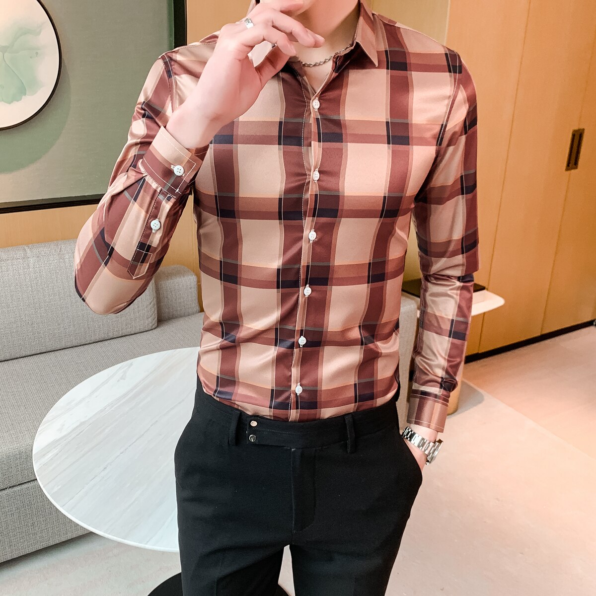Formella fritidsskjortor 5xl koreanska herrkläder brittisk stil rutig skjorta herr vår slim fit rutig skjorta långärmad