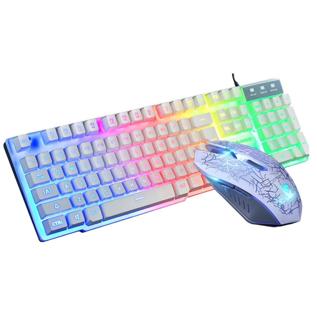 T6 Rainbow LED Backlit Mouse Keyboard Combos USB Ergonomic Gaming Keyboard and Mouse Set for PC Laptop Black White Combos L0306