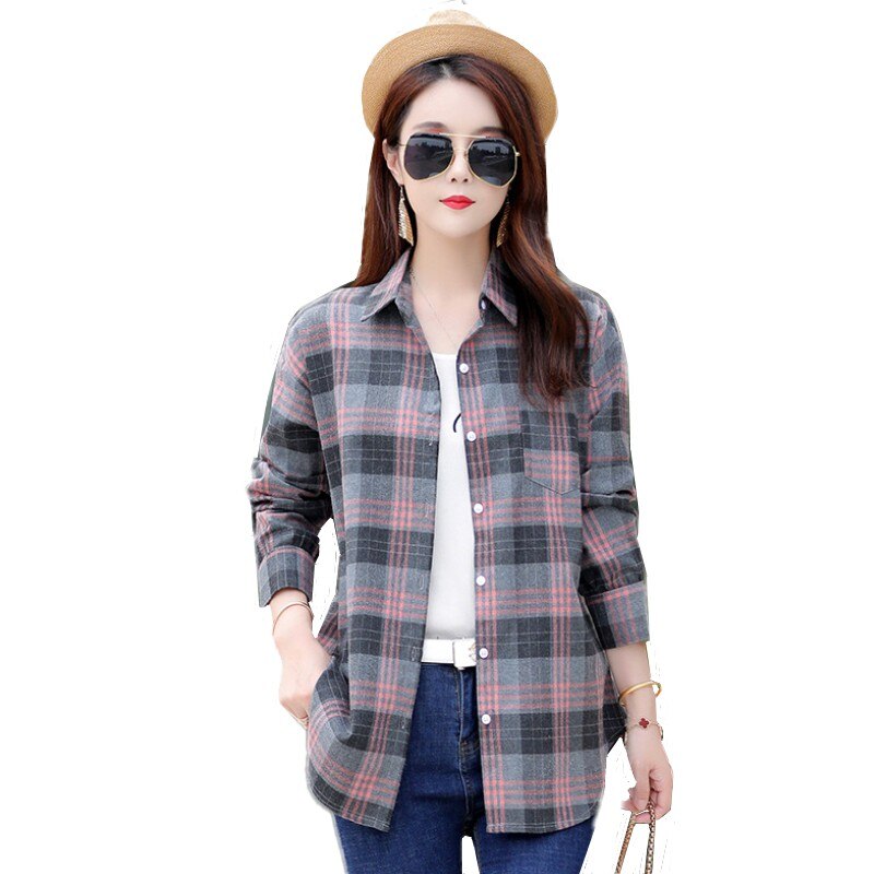 Herfst Plaid Shirts Womens Blouses Losse Lange Mouw Lady Plus Size Tops Gecontroleerd Vrouwelijke Kleding Uitloper Met Pocket xxl
