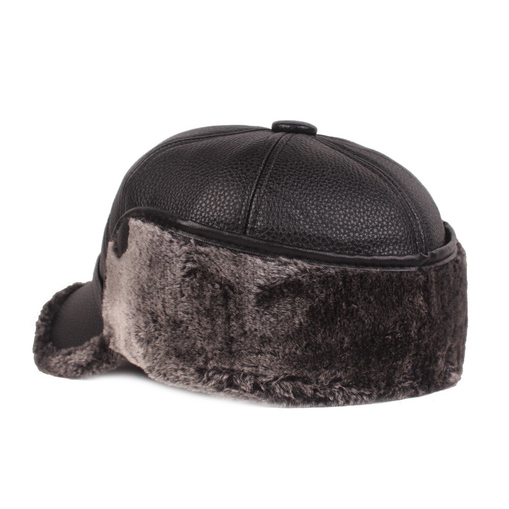 Winter Warm Mens Leather Cap Warm Baseball Cap with Ear Flaps Thick Fur Caps for Winter Bomber Hats PU Leather Man Hat