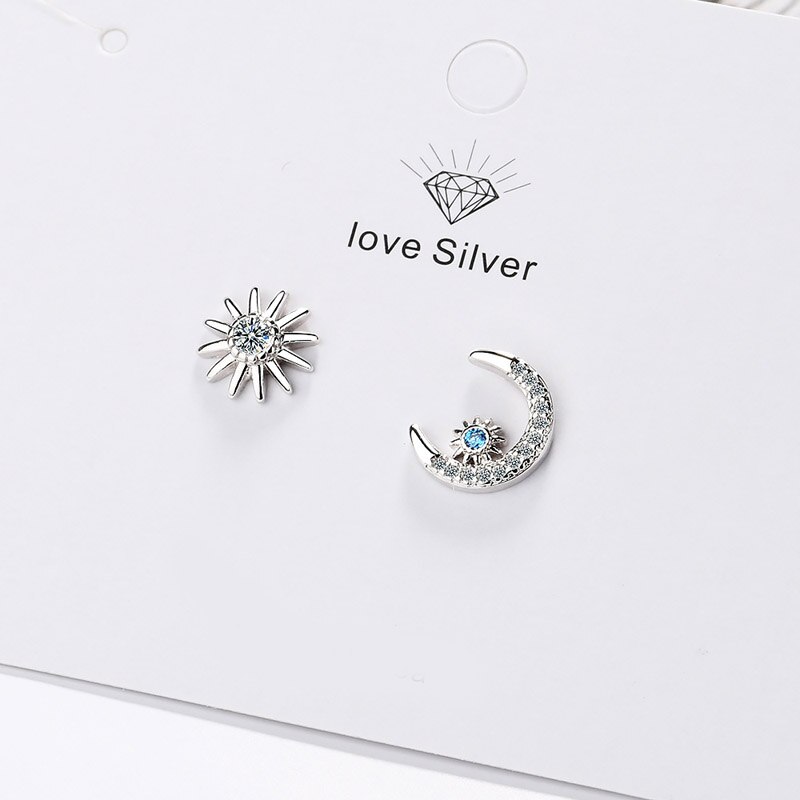 S925 orecchini in argento AAA zircone asimmetria sole e luna orecchini a bottone per donna regalo Lady Girl gioielli di moda