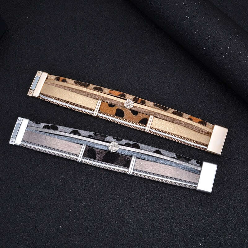 Hiyong Pu Lederen Armband Multilayer Crystal Magneet Gesp Armband Dames Leopard Wrap Armbanden Bohemian Stijl Sieraden