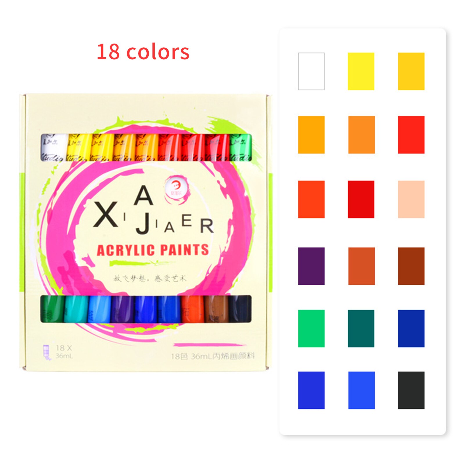 24 Colors Acrylic Paint Set 36ml Each Tube Rich Pigments Art Supplies for Children Students Artist Painter DIY Wall Painting