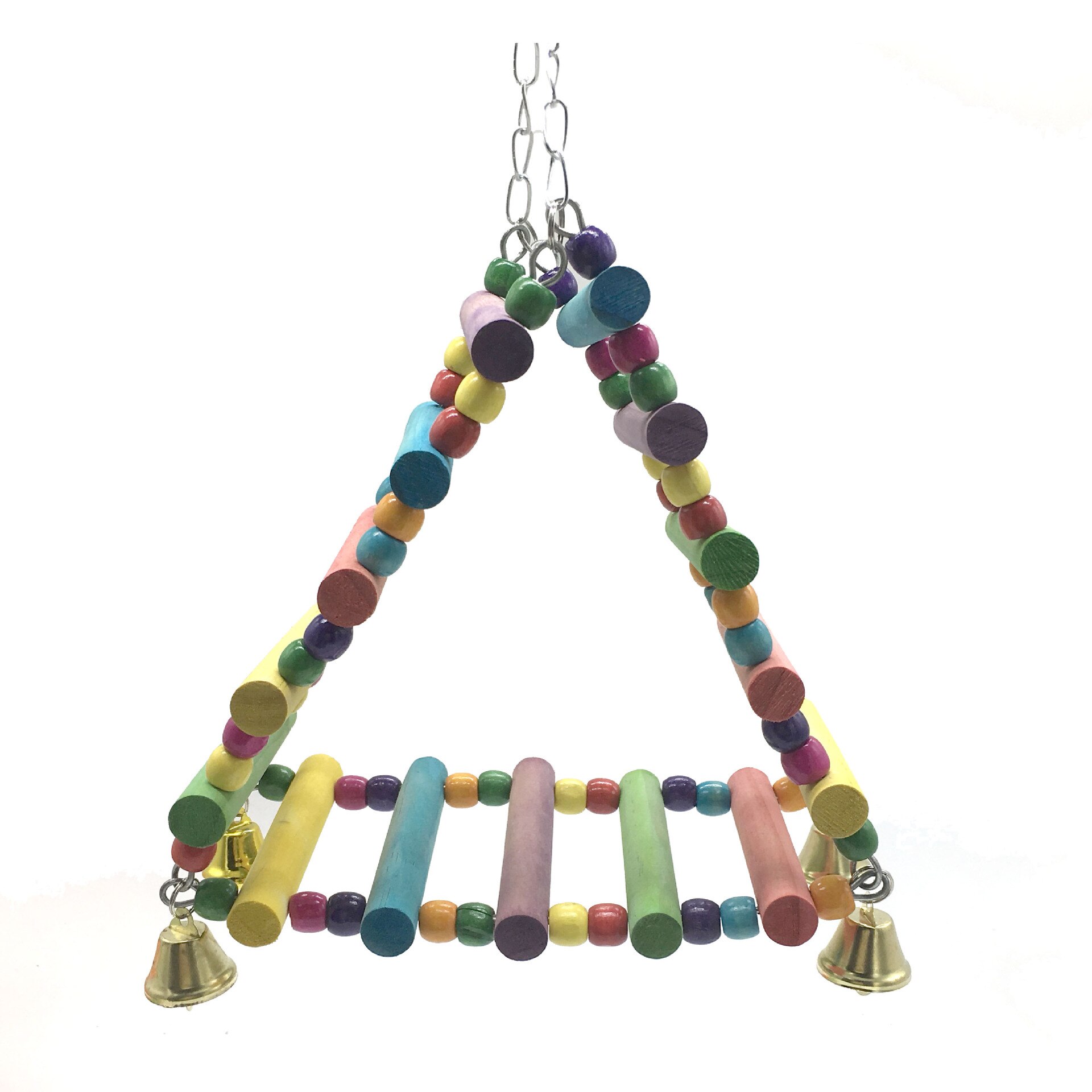 Columpio triangular de madera natural para loros, Columpio de pájaro de juguete con cuentas de colores, suministros de juguetes para aves