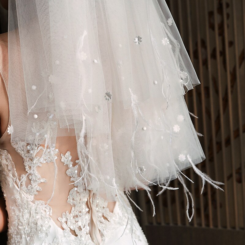 Bridal Veil Wedding Dress Waist Mid-Length Veil Double-Layer Feather Veil G2005