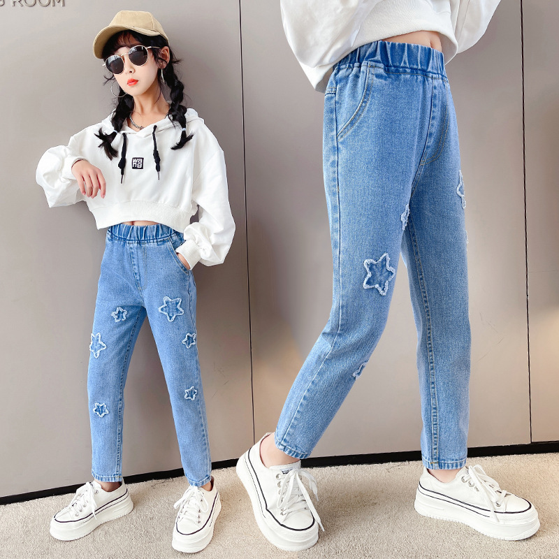 Pantalones vaqueros para niña, ropa para niño, pantalones vaqueros para niña adolescente, pantalones largos azules con cintura elástica, novedad, primavera y otoño