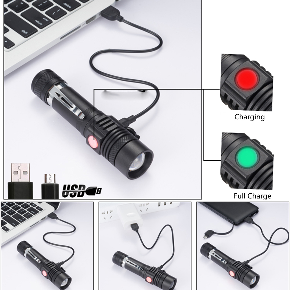 Linterna LED ultrabrillante con XP-L V6, lámpara LED ultrabrillante de XP-L V6, con cuentas, a prueba de agua con zoom, 4 modos de iluminación, carga USB multifunción