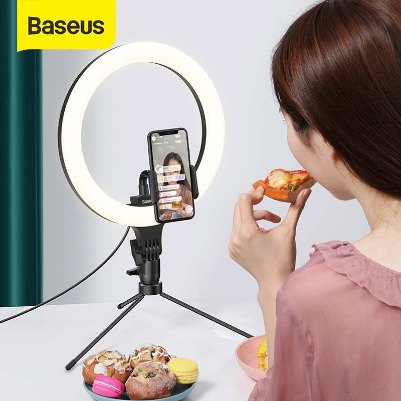 Baseus pode ser escurecido led selfie anel luz & tripé usb selfie luz anel lâmpada grande fotografia ringlight & suporte para celular suporte