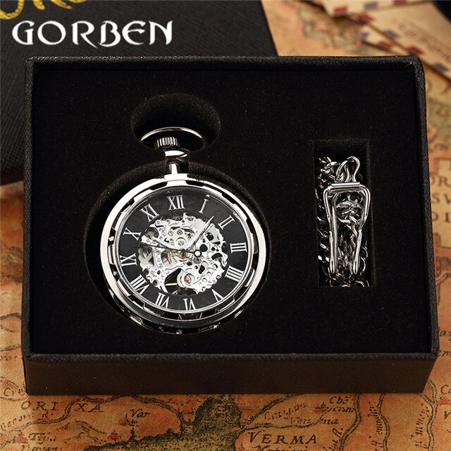 Retro Horloge Ketting Steampunk Skelet Mechanische Fob Zakhorloge Romeinse Aantal Klok Hanger Hand kronkelende Mannen Vrouwen Chain: PM012 with box