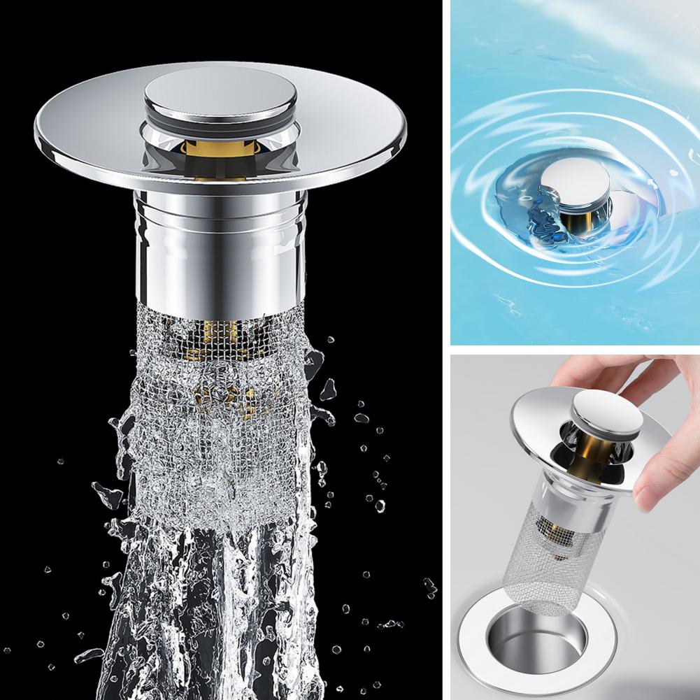Pop-Up Sink Stopper for 1.1-1.45 Inch Upgraded 2-in-1 with Removable Stainless Steel Basket Hair Catcher Bathroom Sink Stopper