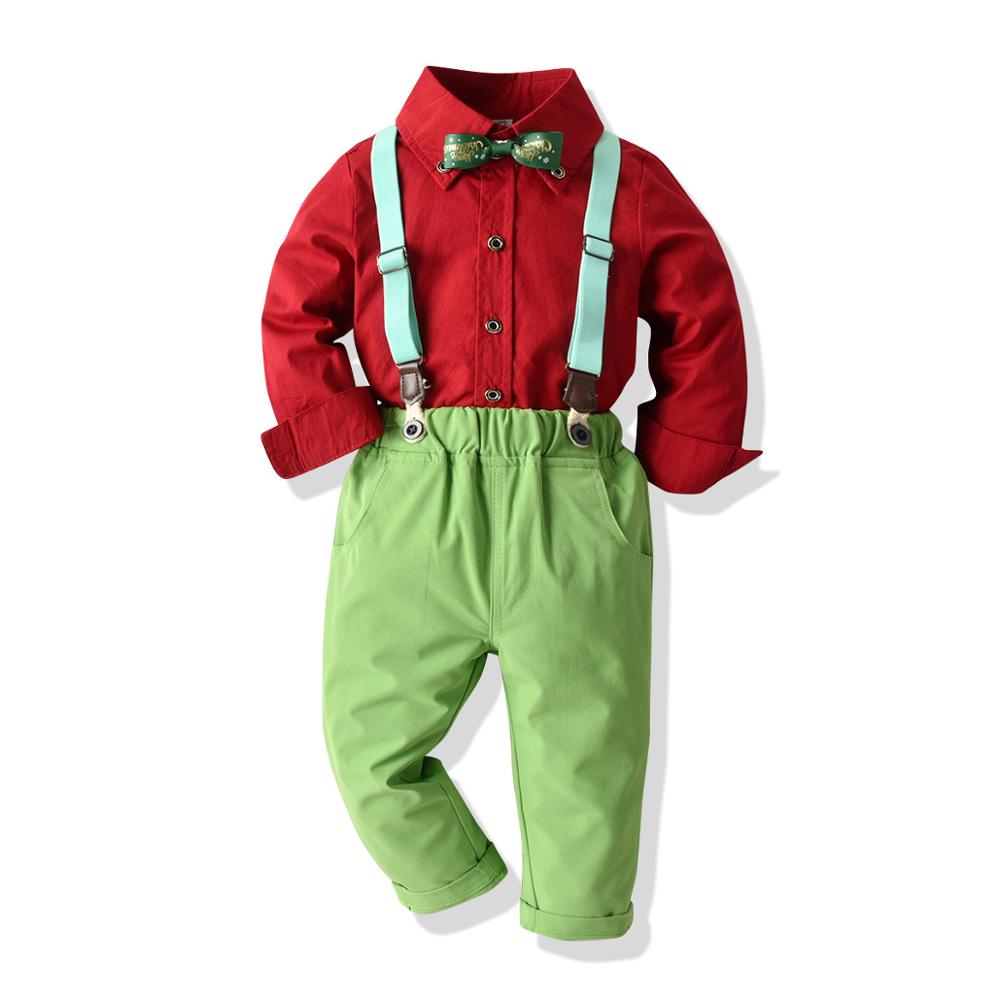 2019 novo menino do bebê natal laço terno cor vermelho verde formal cavalheiro roupas de algodão do bebê das crianças camisa mangas compridas