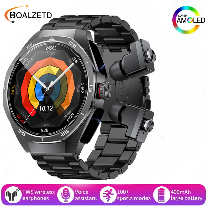 Nuovo Smart Watch da uomo con auricolari Bluetooth TWS 2 in 1 Altoparlante incorporato HIFI 9D Suono Monitor sanitario Chiamata Bluetooth SmartWatch: YELLOW