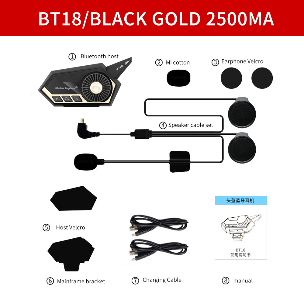 BT-18 Motorhelm Headset Bluetooth Intercom Motorbike Hoofdtelefoon Handsfree Call Bluetooth Intercom Headset: Black Gold