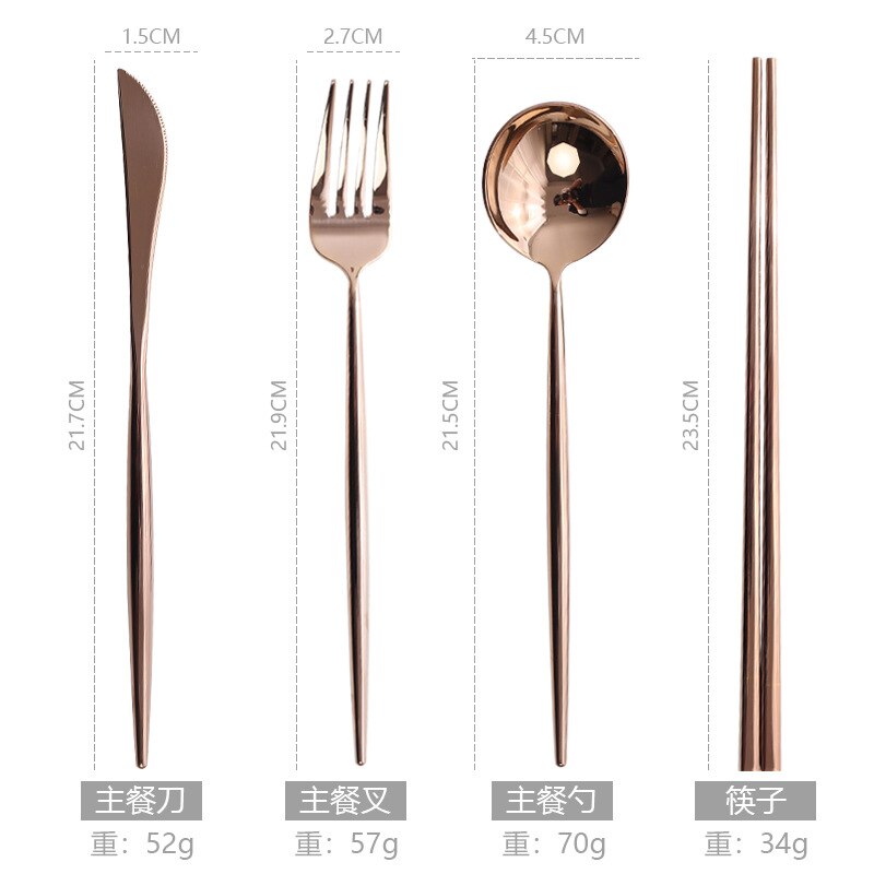 Acier inoxydable Western couverts Portugal 304 couteau à Steak et fourchette cuillère baguettes Dessert cuillère cuillère fruits fourchette Rose miroir Li: Four piece Set  Primary Knife  Fork and Spoon Chopsticks 