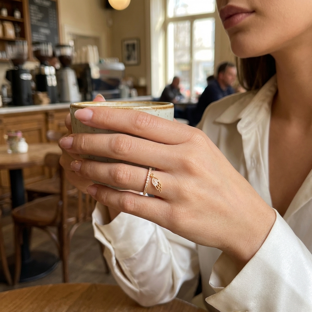 Boho Feather Dangle Brass Ring for Women Dainty Sparkling Zirconia Charm Finger Jewelry Minimalist Free Spirit Daily Accessories