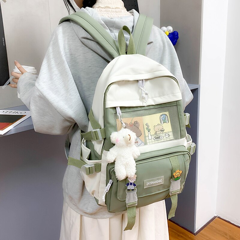 Cute Preppy School Backpacks Women Patchwork Casual Simple Retro Harajuku Schoolbags Students Couples Ins Waterproof Backpack: Green / Only-Backpack